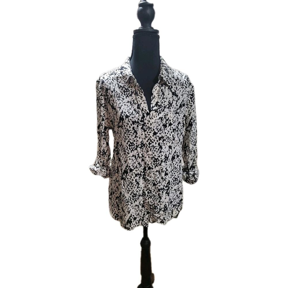 Diane Von Furstenberg Womens 6 Black And White Abstract Button Down Silk Shirt